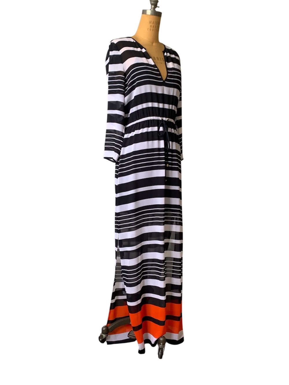 Michael Kors Black, White & Orange Striped V-Neck Maxi Dress